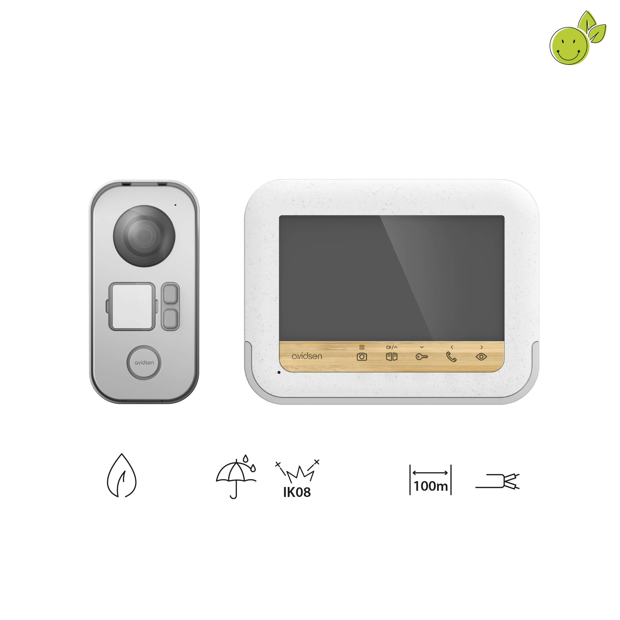 A video doorbell with a screen shown. The symbols indicate weatherproof and shock-resistant properties, as well as a range of 100 m.