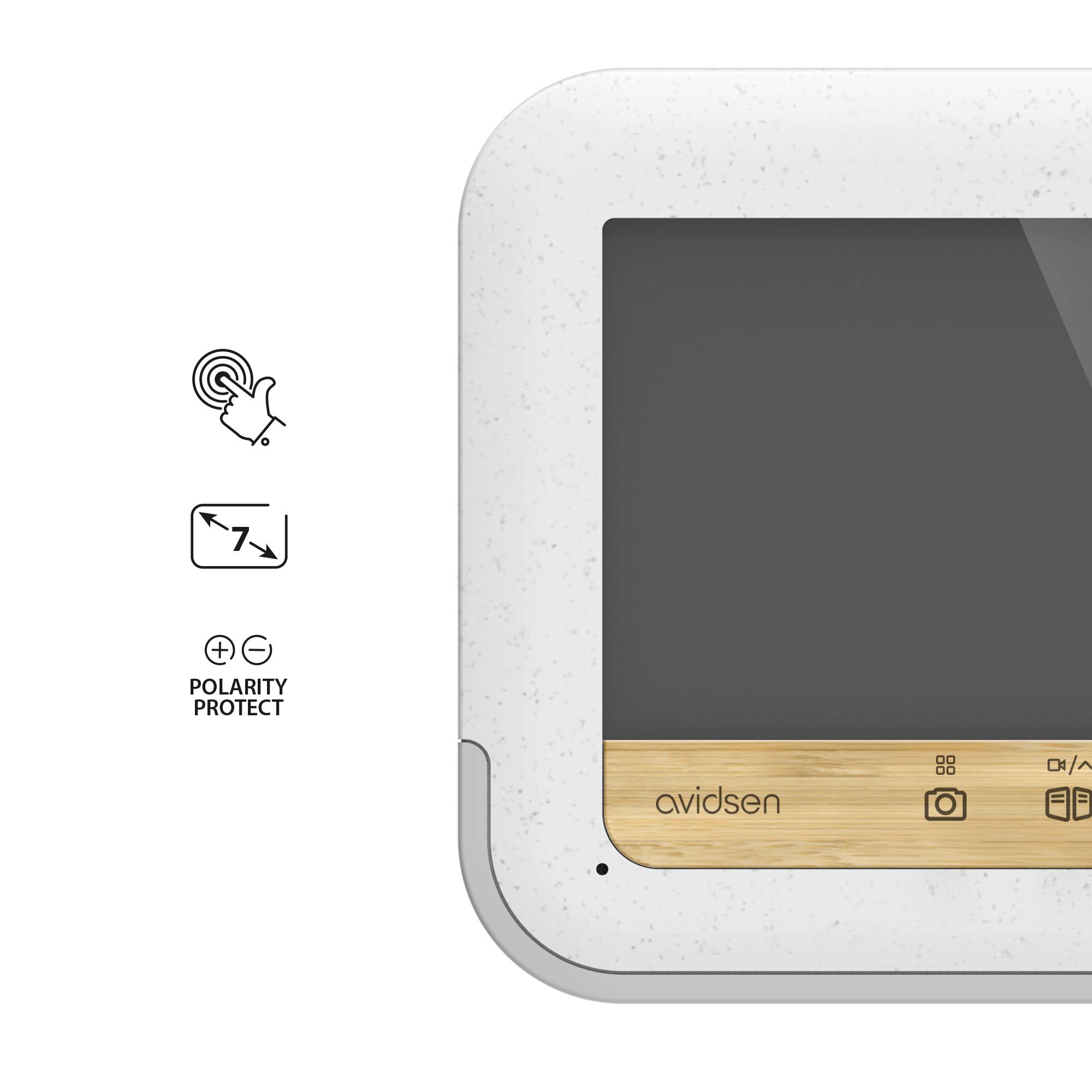 A white electronic device with a wood-effect base, possibly a thermostat. Symbols for touchscreen and polarity protection are shown on the left.