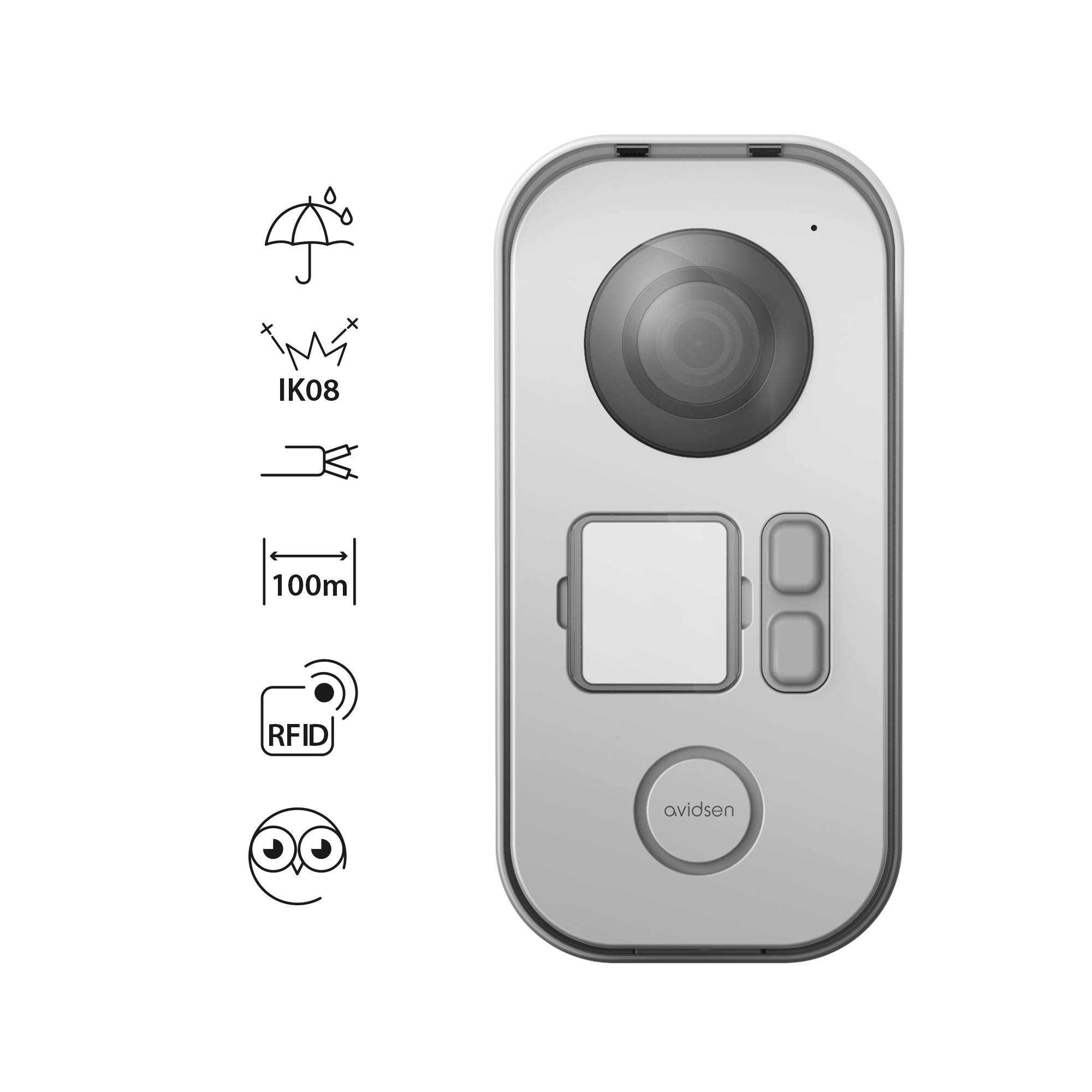 Video doorbell with camera and RFID technology. Symbols indicate weather resistance, impact resistance (IK08), 100m range.