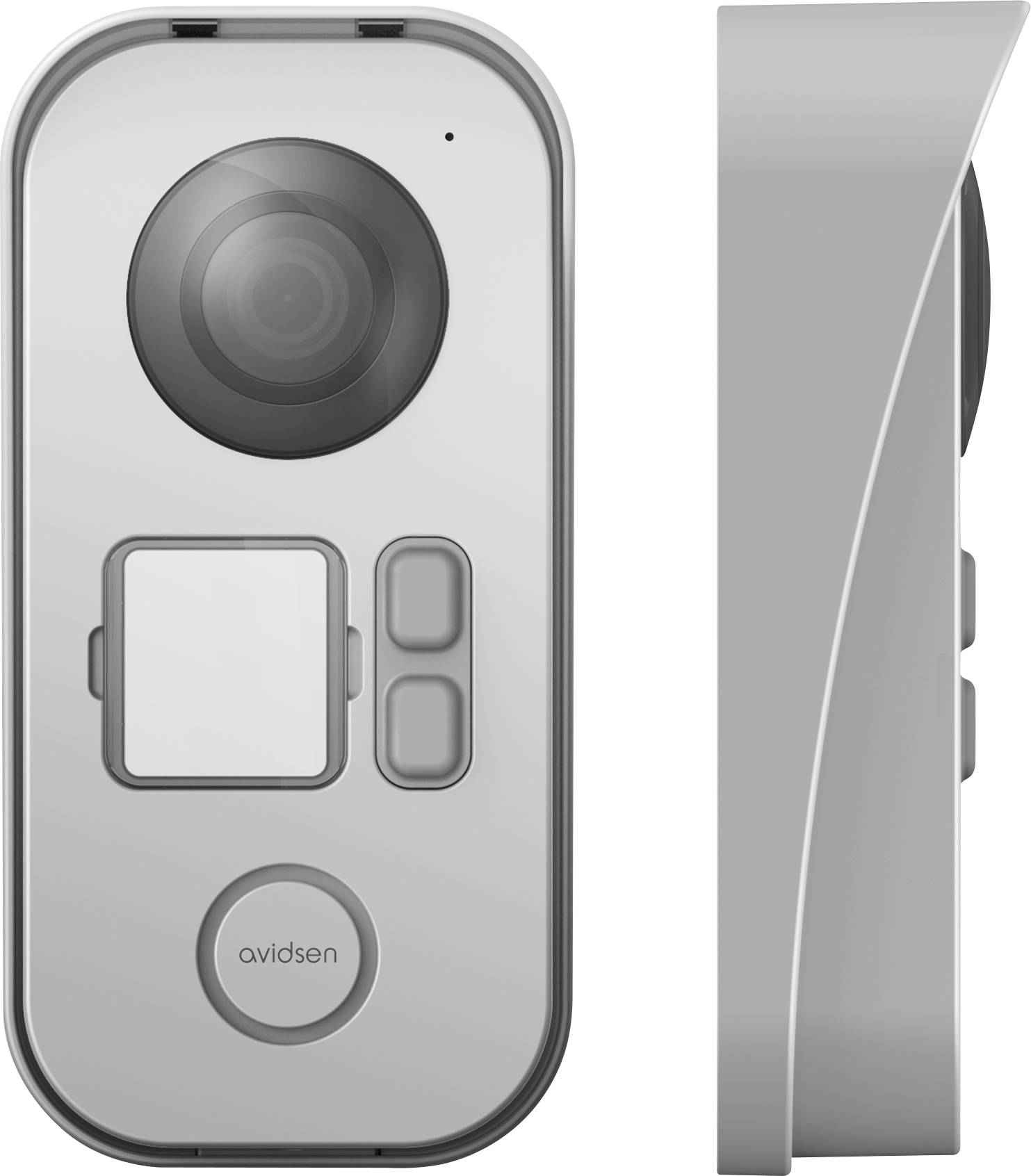 Two views of a modern, grey video doorbell with camera lens, two buttons and 'avidsen' label at the bottom.