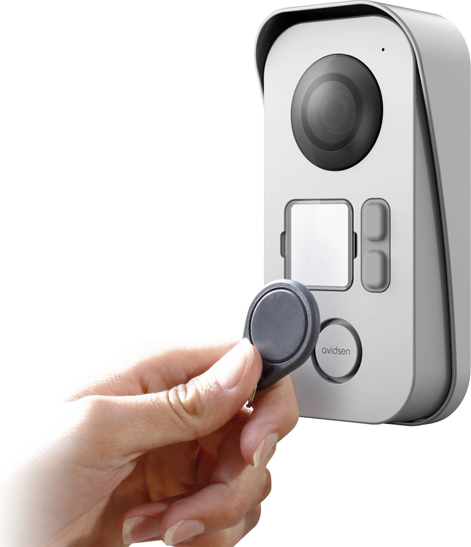 A hand holds an RFID chip in front of a video doorbell to authenticate and grant access.
