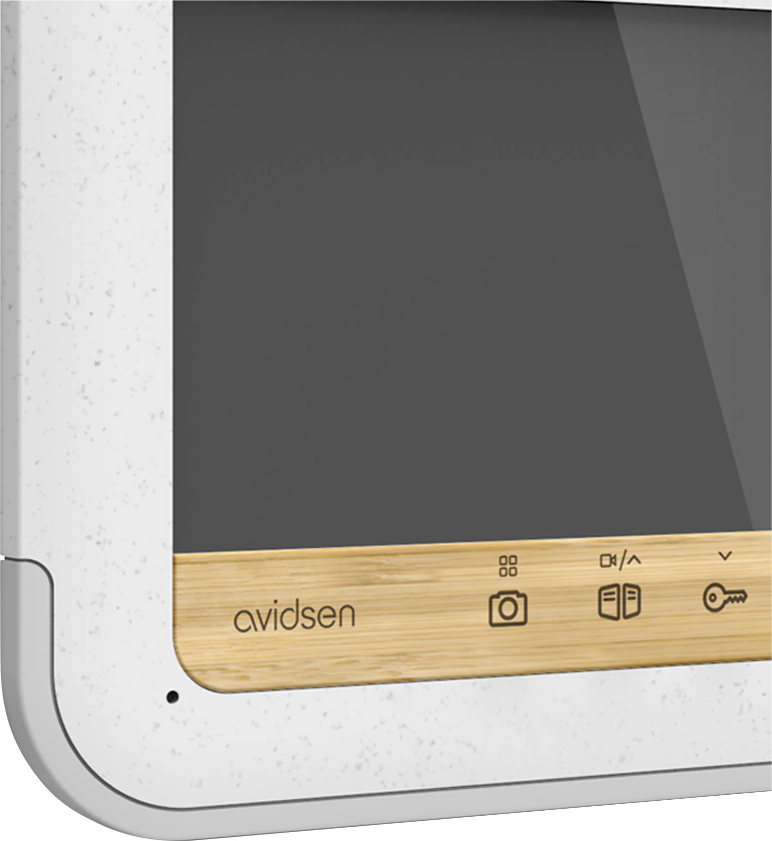 The diagram shows part of an installation system with a display and control buttons for camera, speakers, and door opener.