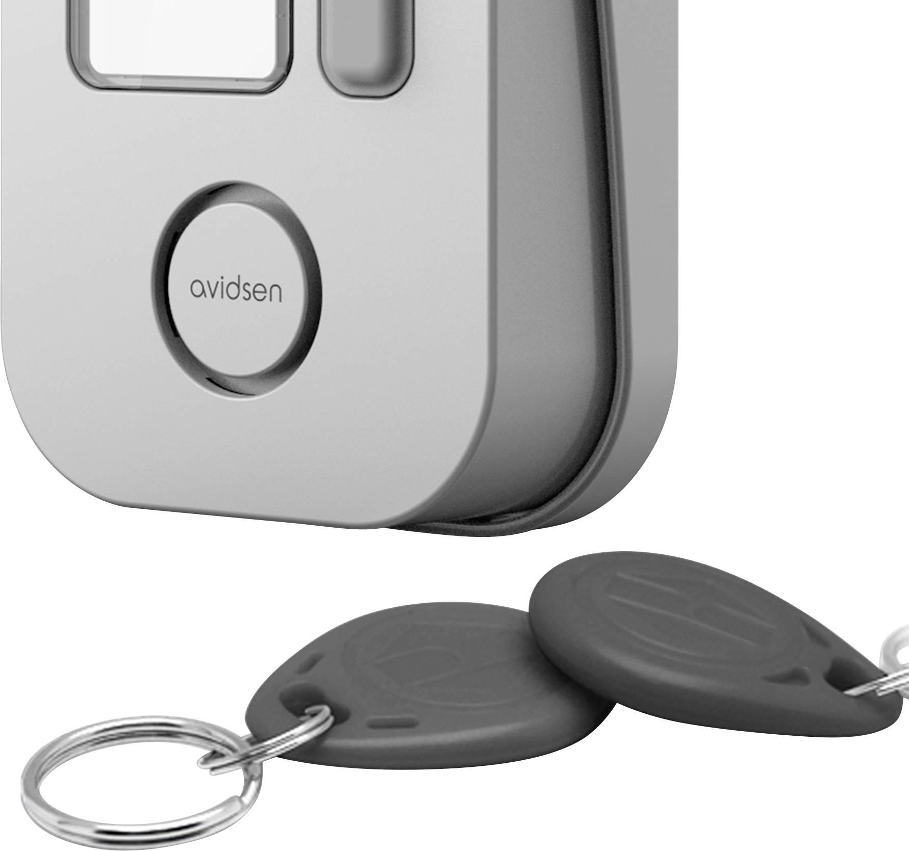 Silver electronic device with 'avidsen' logo, two black round key fobs with key rings attached at the bottom.