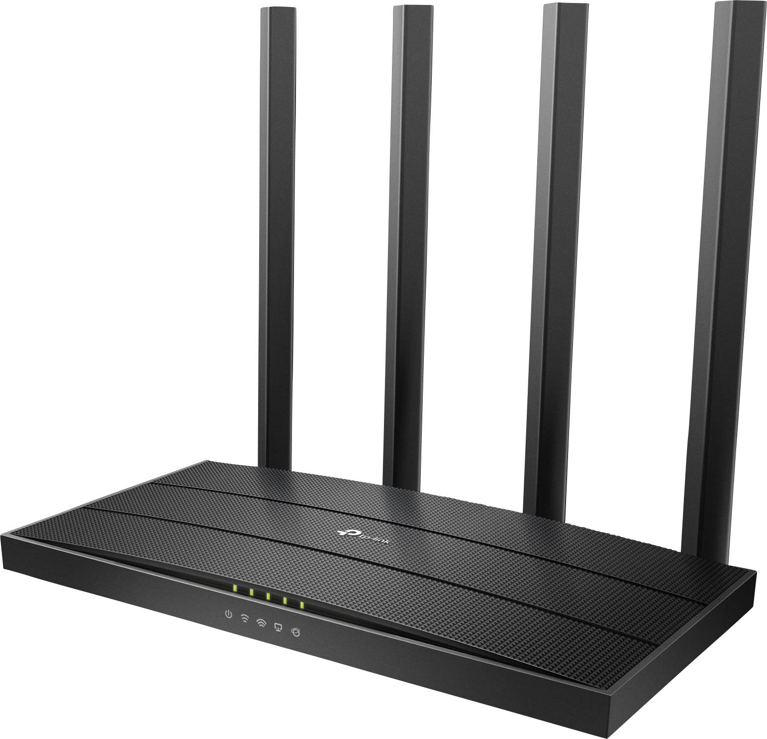 A black Wi-Fi router with four vertical aerials, brand logo at the top. Front side displays four status indicator lights.