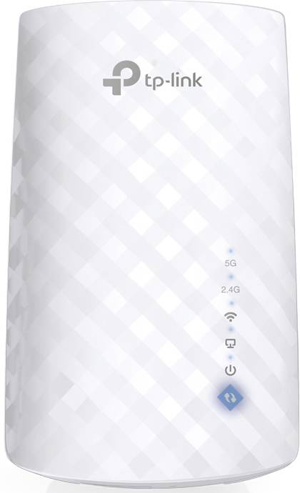 A white TP-Link Wi-Fi repeater with indicator lights for 5G, 2.4G and Wi-Fi signal strength.
