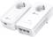 Two white TP-Link powerline adapters with plug sockets and Ethernet ports, suitable for extending network connections.