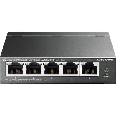 A 5-port Gigabit switch from TP-Link with 4 PoE+ ports. LEDs indicate network status; ideal for simple network expansion.