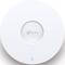 A white, round TP-Link Wi-Fi router with a glowing blue LED light at the bottom, set against a neutral background.