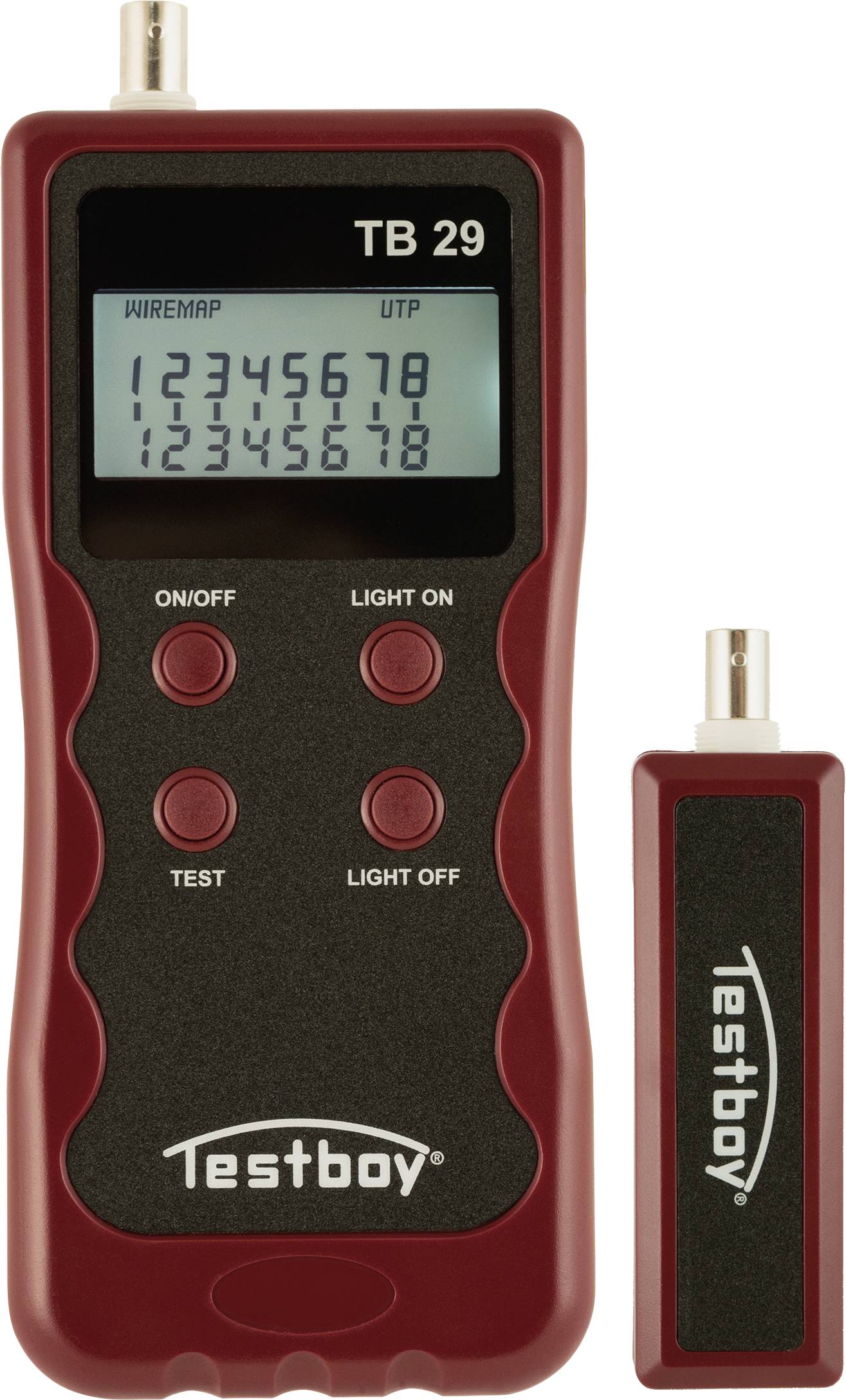 A red network testing device with a display showing numbers; beside it a smaller adapter. Suitable for testing cable connections.
