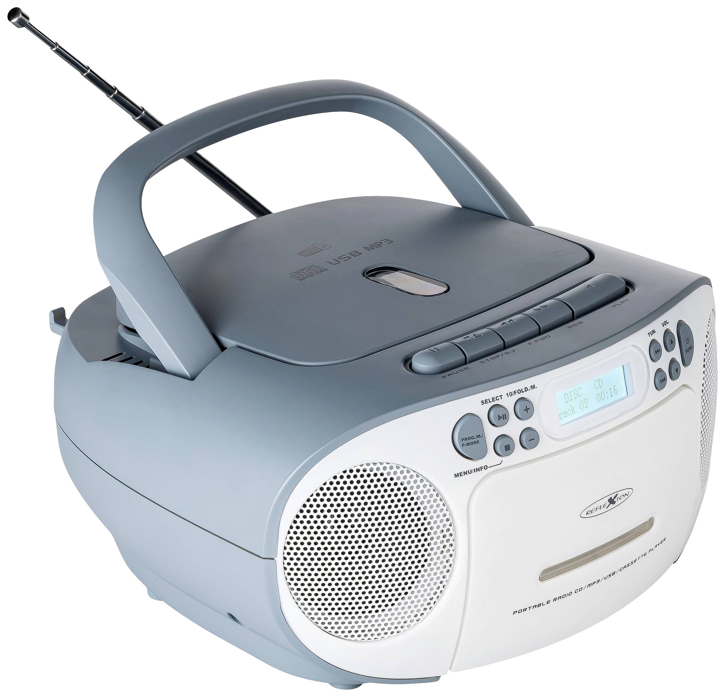 Portable CD Player with Radio and Built-in Speaker, Silver/Blue Casing, Telescopic Aerial and Display Screen.
