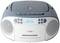 Grey and white portable radio-CD player with USB and cassette deck. Digital display shows 'DISC CD Track 01 00:14'.