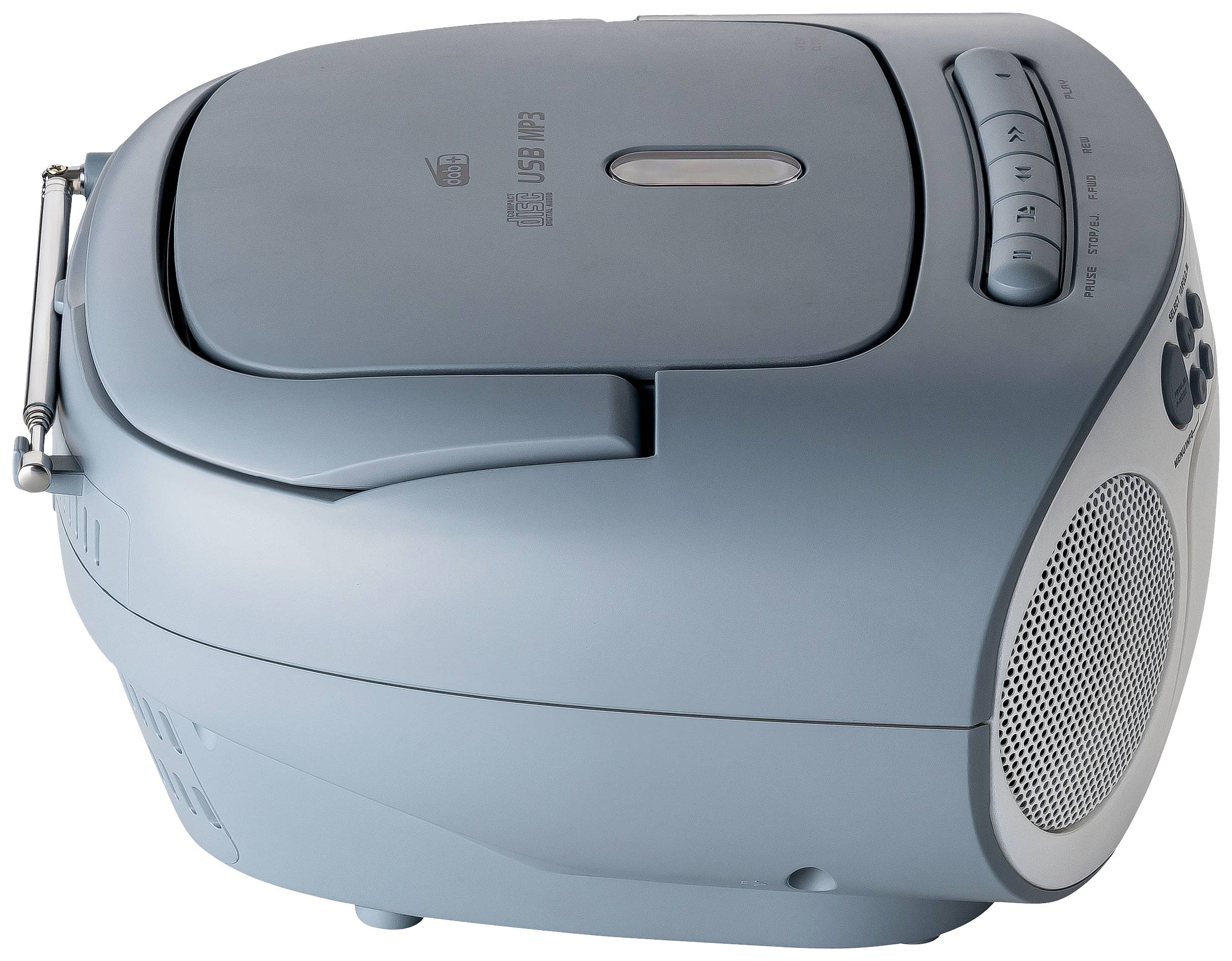 A portable blue CD radio with speakers on the right side, control buttons on the top, and a USB port.