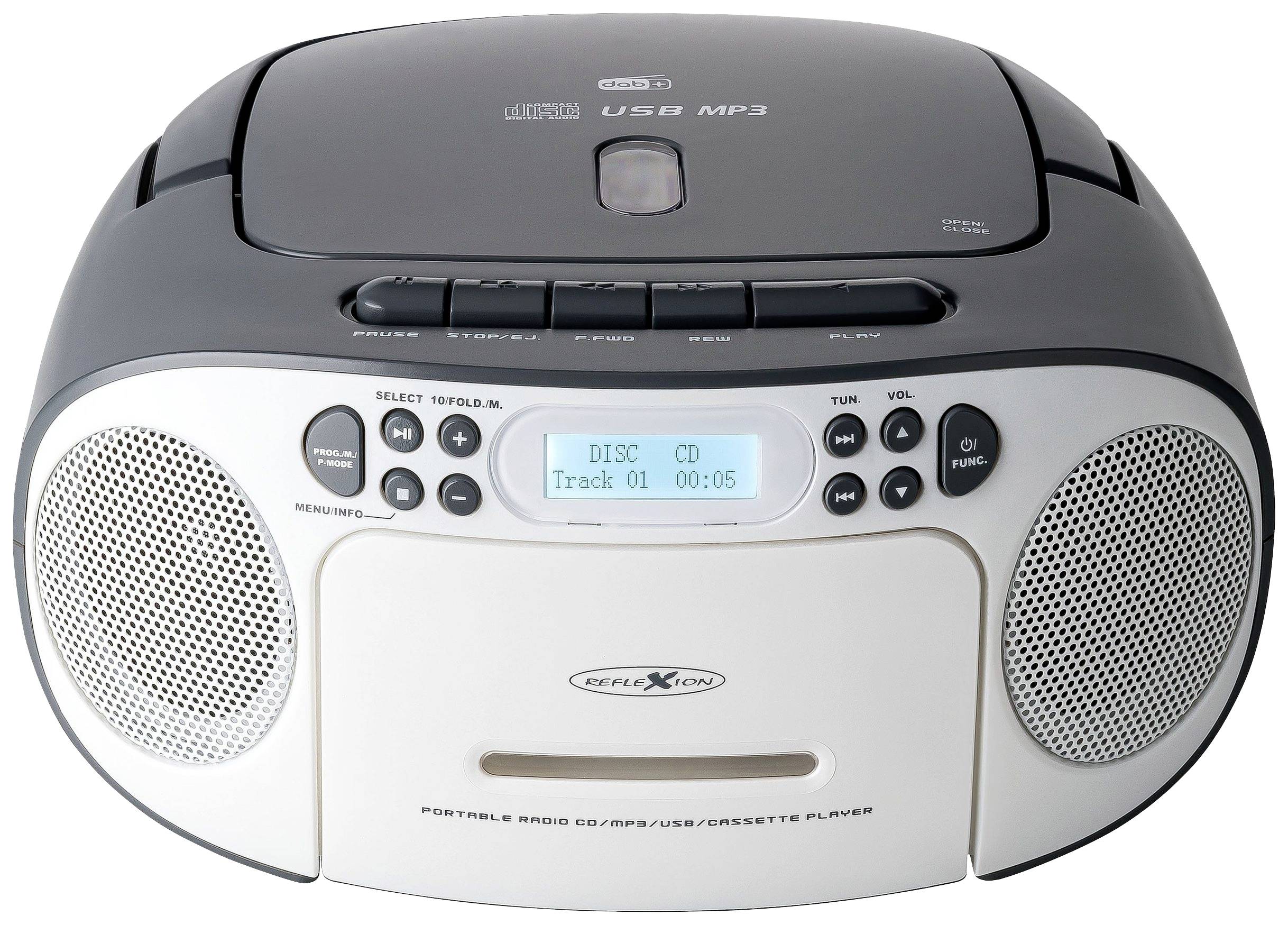 Portable CD player with radio and cassette deck. On top are buttons for control and a display showing 'DISC CD Track 01 00:05'.