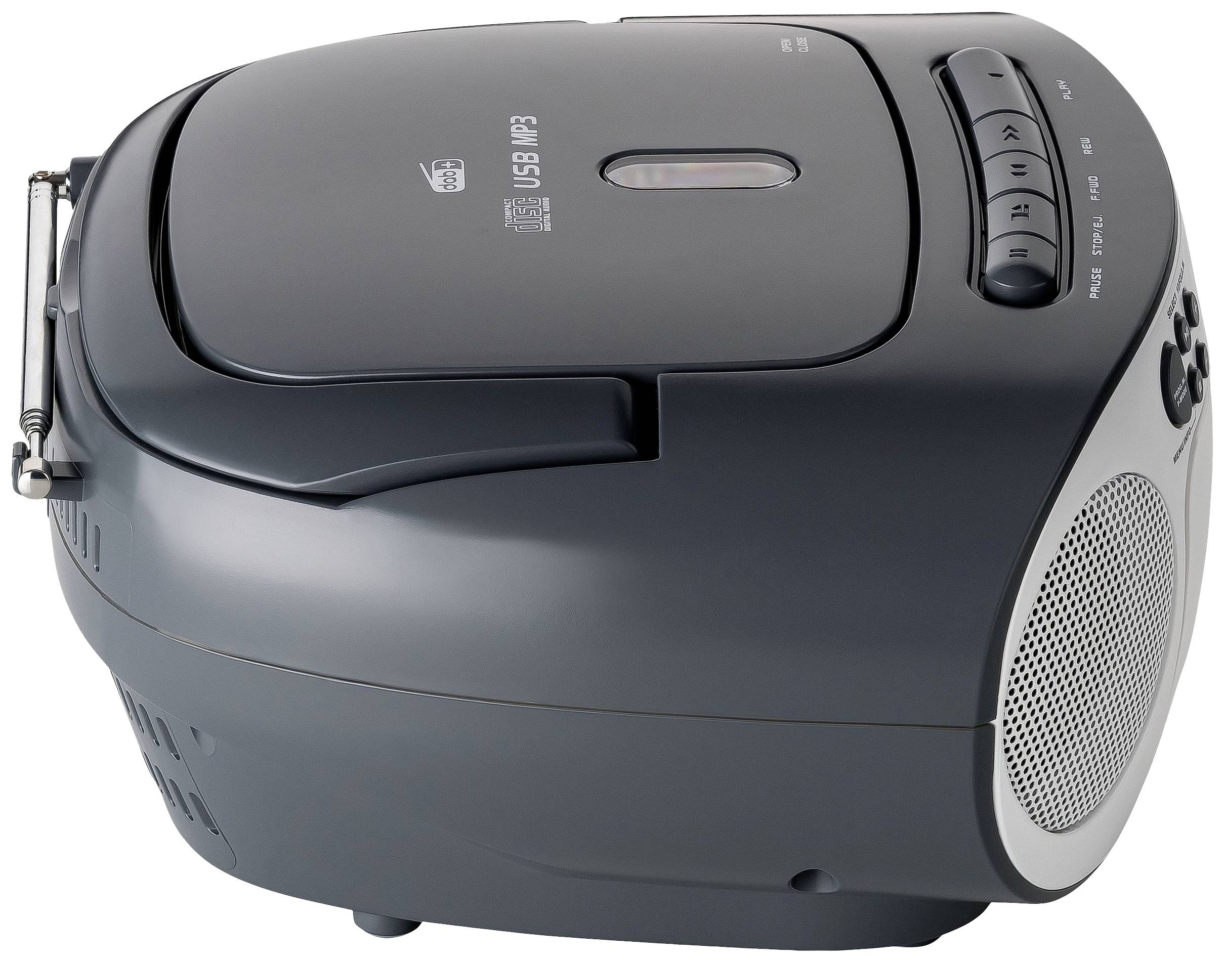A portable CD player with built-in speaker and USB port; side-mounted control buttons and compact design.