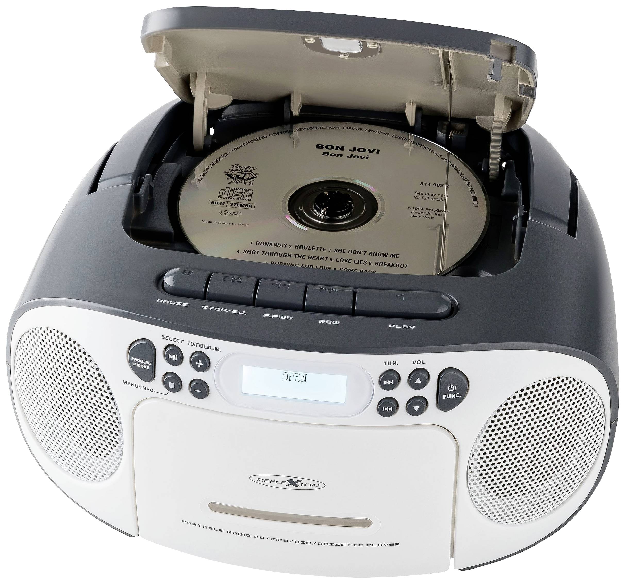 A CD player with an open lid and a music CD inserted. Speakers, controls, and a small display are visible.