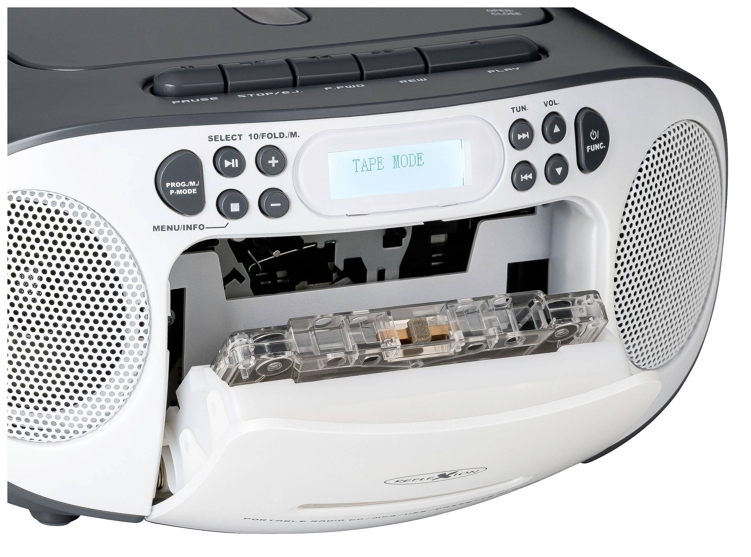 A portable cassette recorder with a cassette inserted in playback mode. The display shows the text 'Tape Mode'.