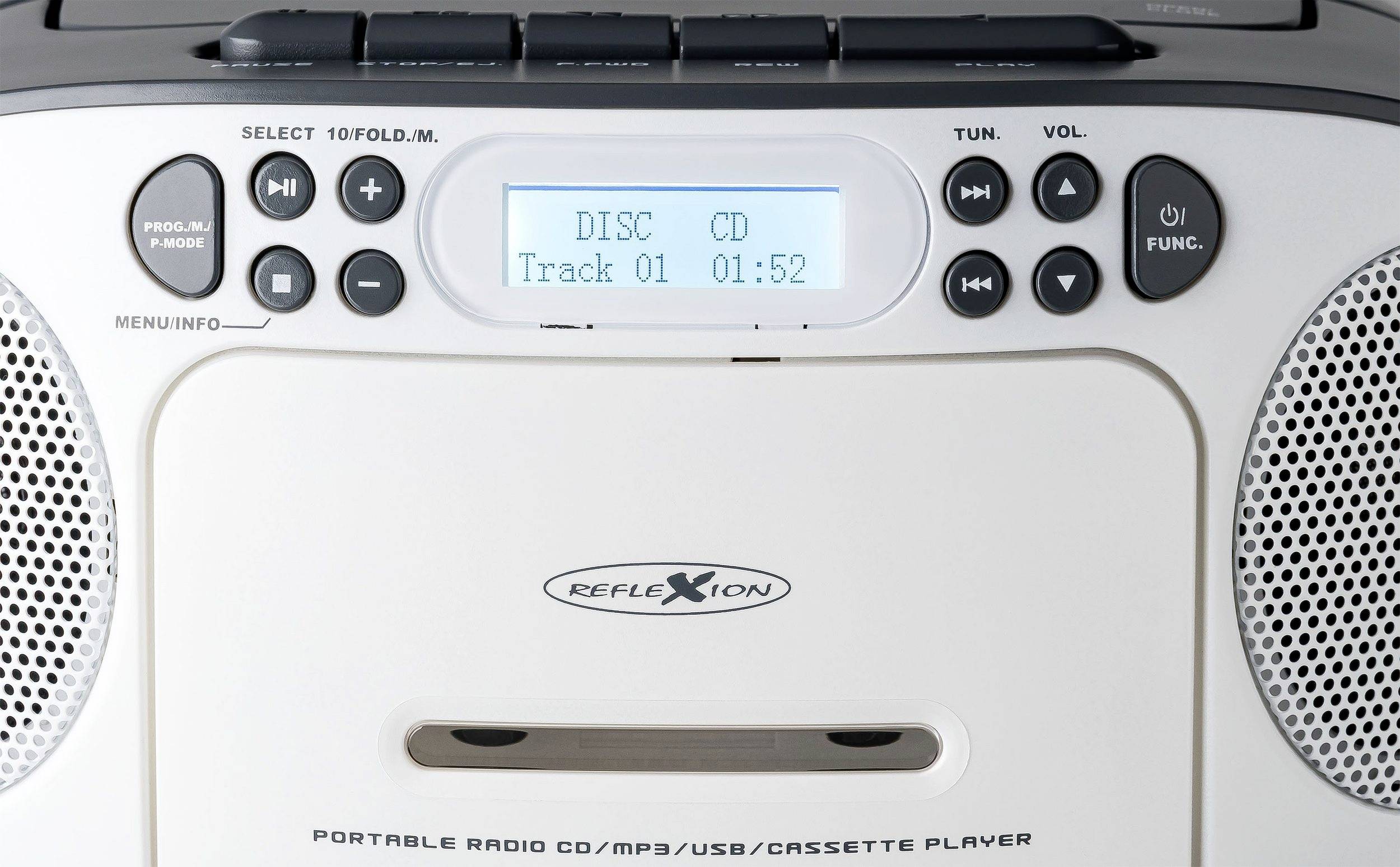 Mobile radio with CD player and cassette deck. Display shows 'Track 01 01:52'. Control buttons and speakers visible.