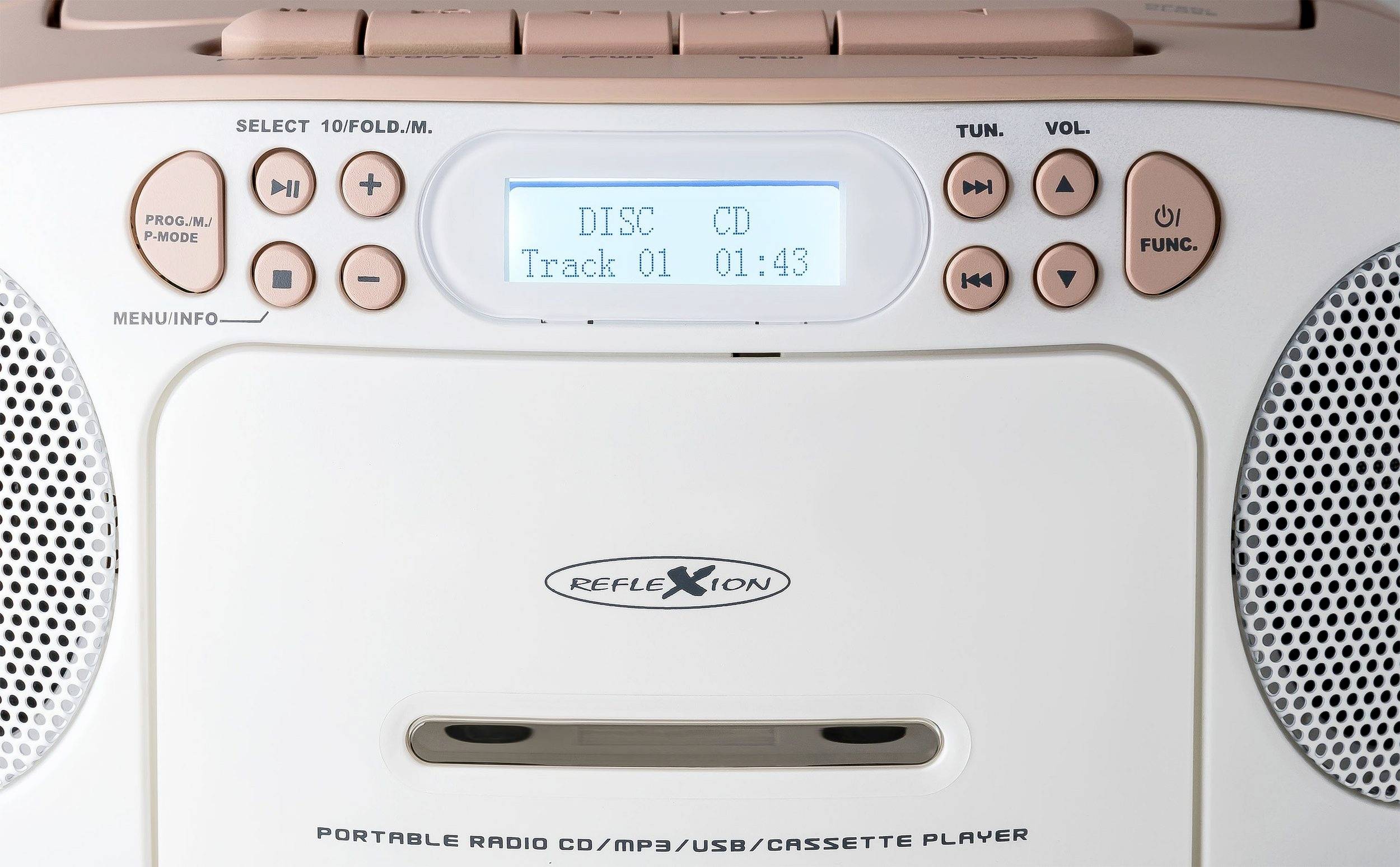 A portable radio with CD/MP3/USB/cassette player. The display shows 'DISC CD, Track 01, 01:43'. Operational buttons are visible.