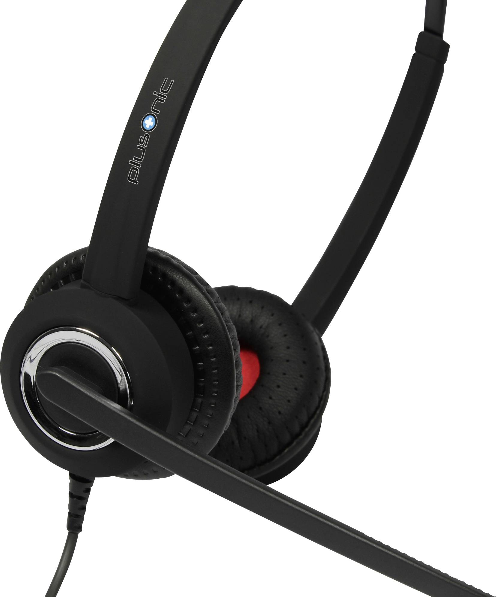 Black over-ear headset with microphone and padded ear cups. Ideal for computer or telephone applications.