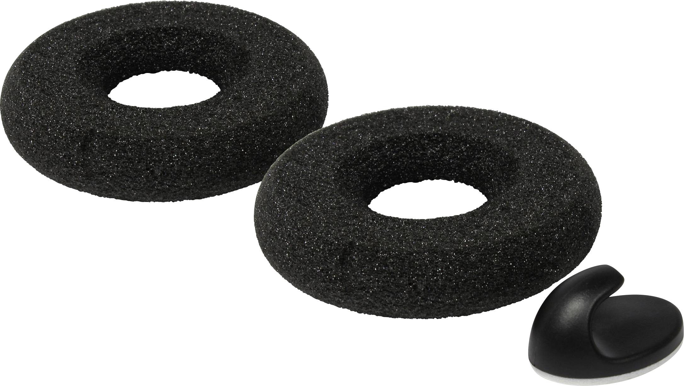 Two black foam ear cushions and a black, curved earpiece for headphones on a white background.