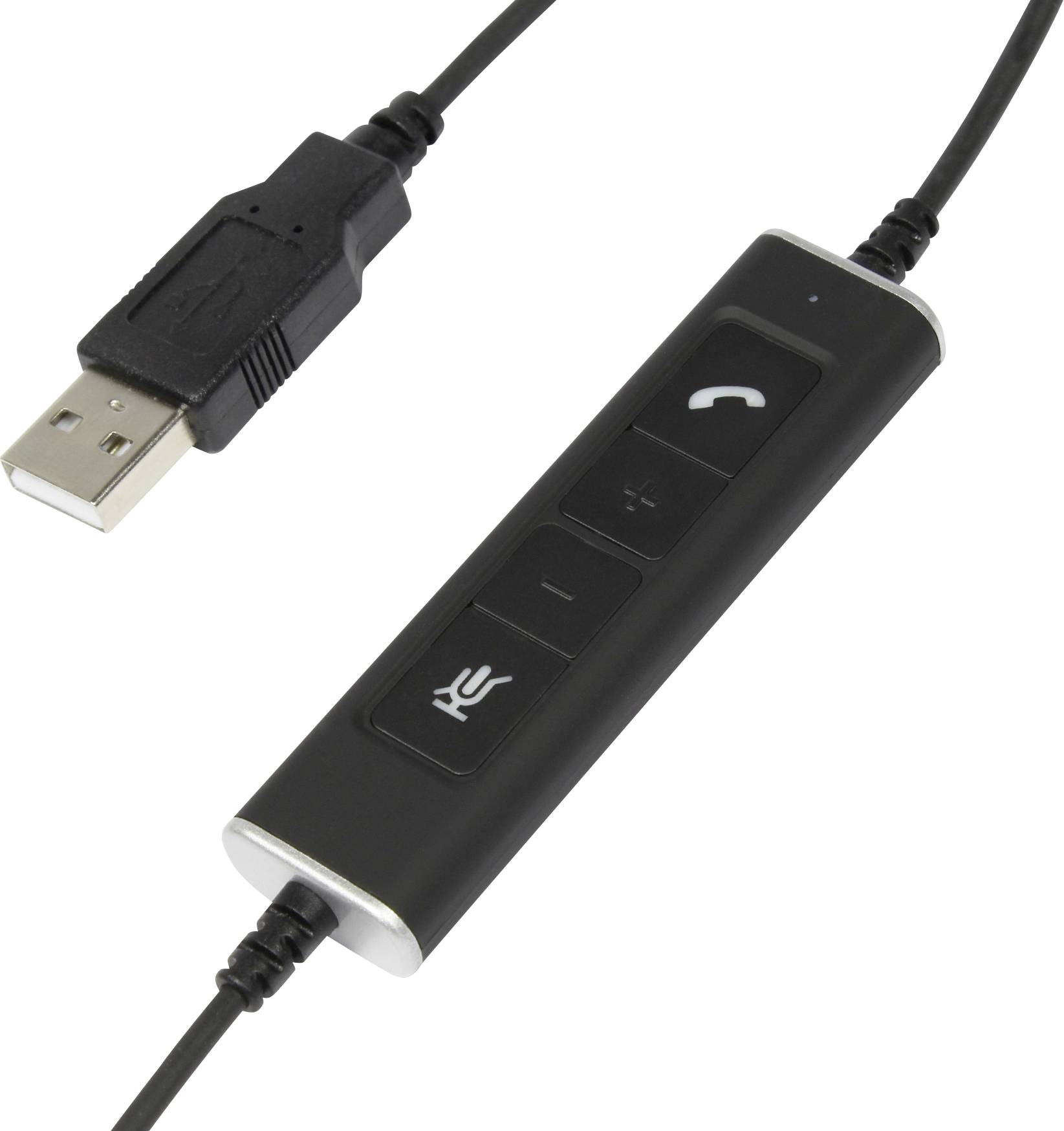 A black headset cable with a USB connection and controls for volume, microphone mute, and call answer/end functions.