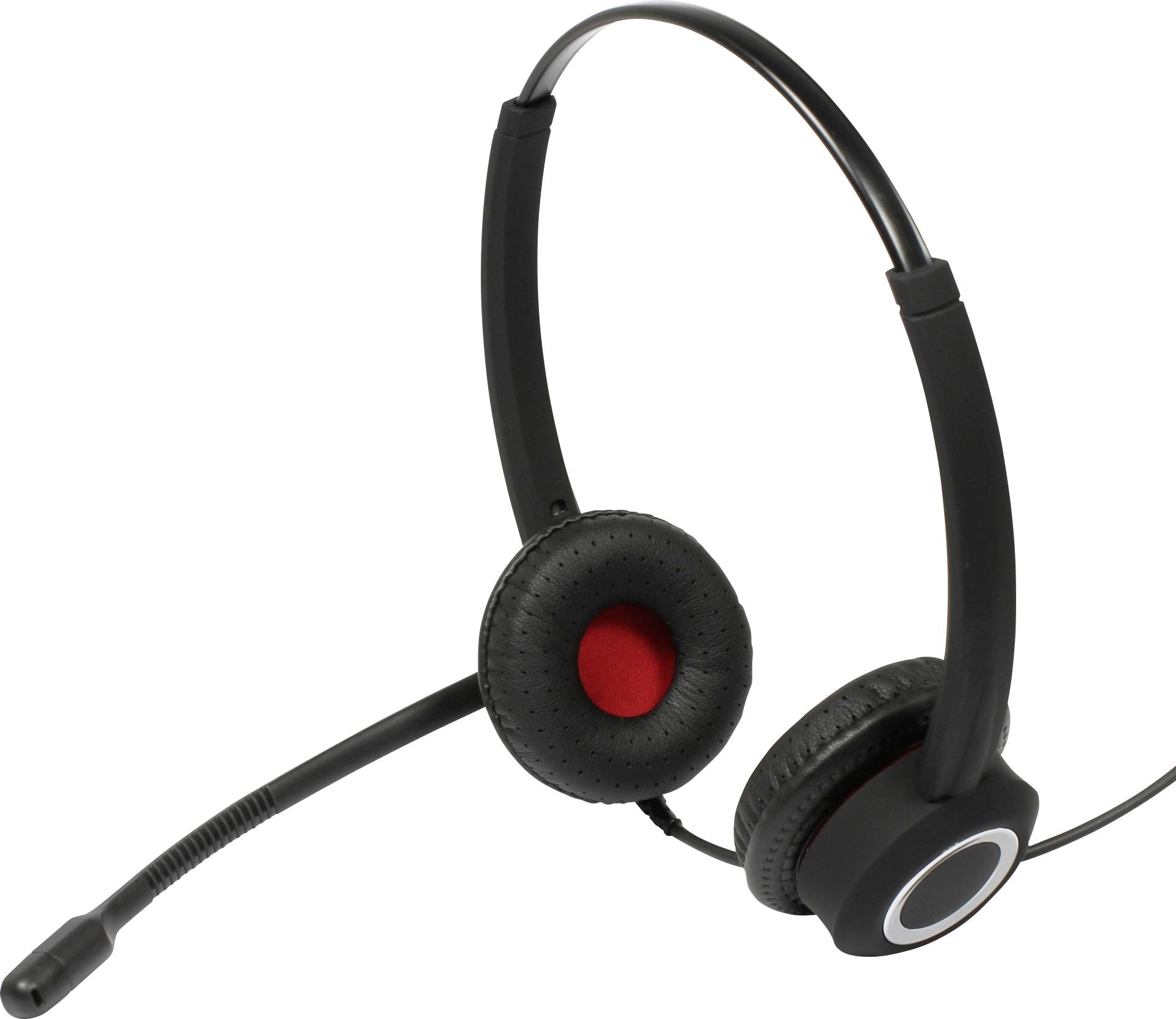 Black headset with microphone; ear cushions red-black; for telephony or computer audio.