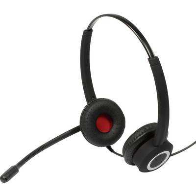 Black headset with microphone; ear cushions red-black; for telephony or computer audio.
