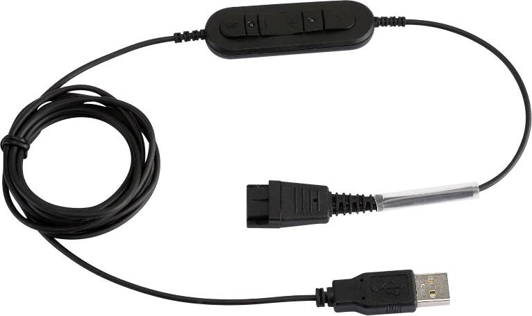 Black USB cable with integrated control element; suitable for computer connections.