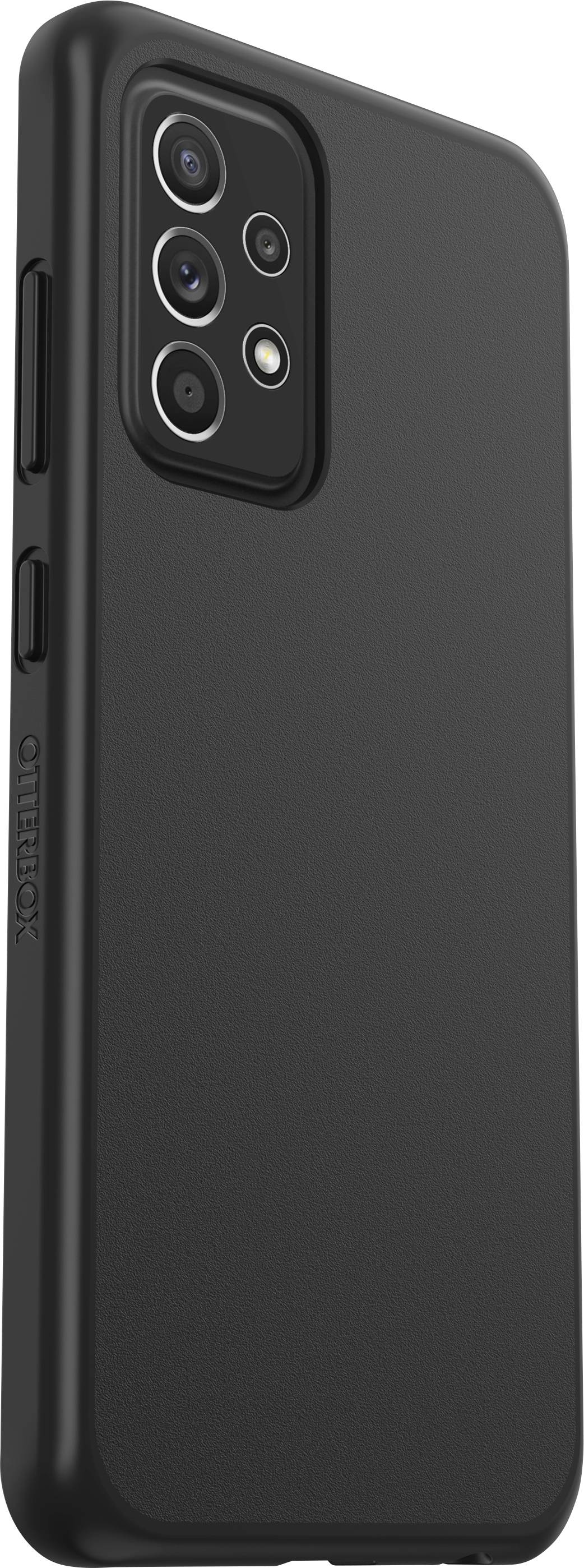 A black, robust smartphone case with multiple camera cutouts, standing upright and suitable for a modern mobile phone.