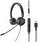 Black, wired headset with microphone and inline controls. USB and 3.5mm connections for versatile use.