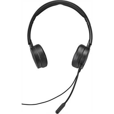 Black over-ear headphones with integrated microphone on white background. Ideal for telephone calls or computer audio applications.