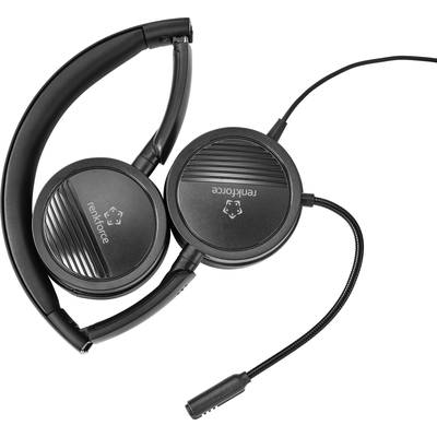 Black, foldable over-ear headphones with microphone, suitable for gaming and communication. Design provides comfort and clear audio reproduction.