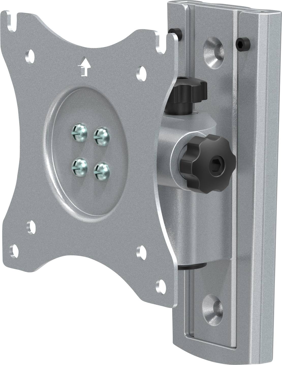 Metallic wall mount with adjustable hinge for flat screens, suitable for various screen sizes.