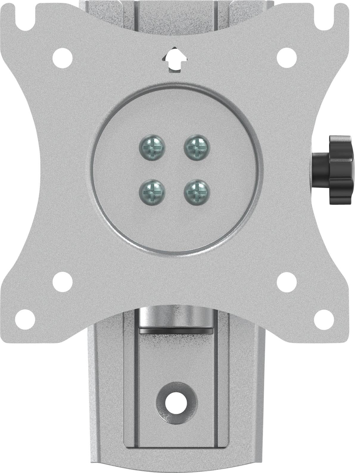 Metal mounting bracket for monitor or TV wall mounting, with a central circular plate and four holes, framed by a rectangular frame.