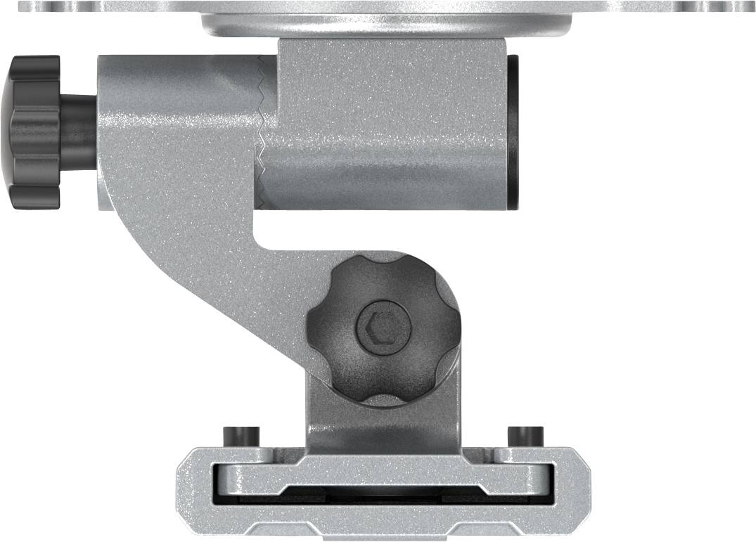 An adjustable, metallic hinge or mount, with a turn knob for securing, mounted on a flat base.