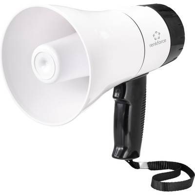 A white megaphone with a black handle and shoulder strap, displaying the brand name on the side. Suitable for announcements or gatherings.