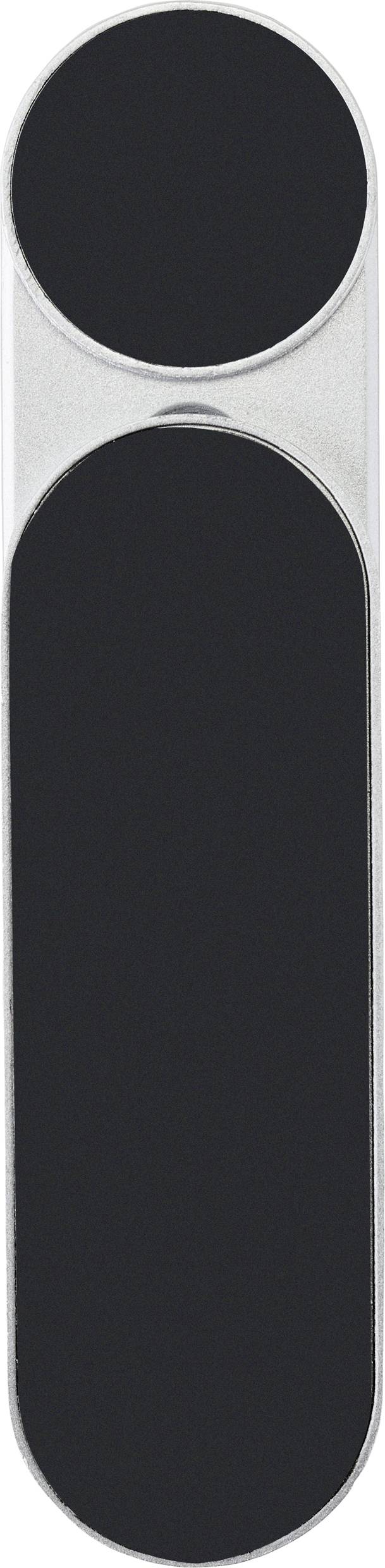 A magnetic metal webcam slider with a black surface and oval design, for privacy on laptops.