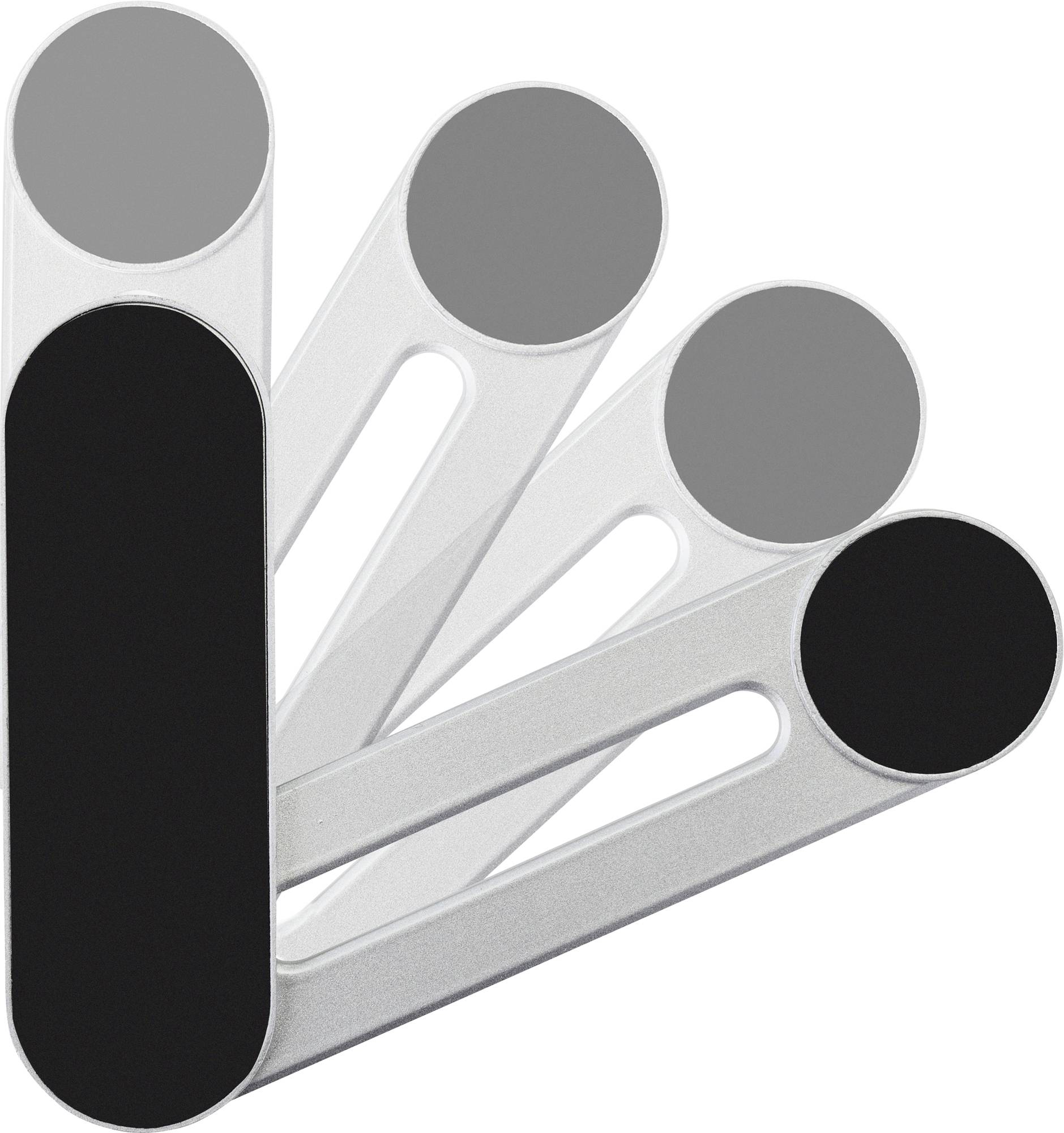 A set of four neutral grey filters in varying graduations, mounted on a holder.