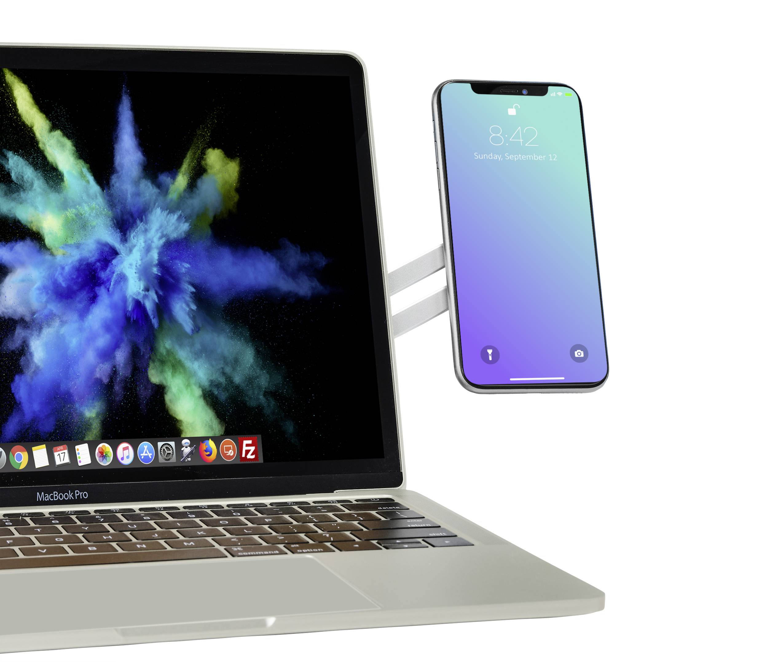 A laptop with a vibrant, colourful display shows a screensaver scene. Beside it, a smartphone with a locked screen hovers.