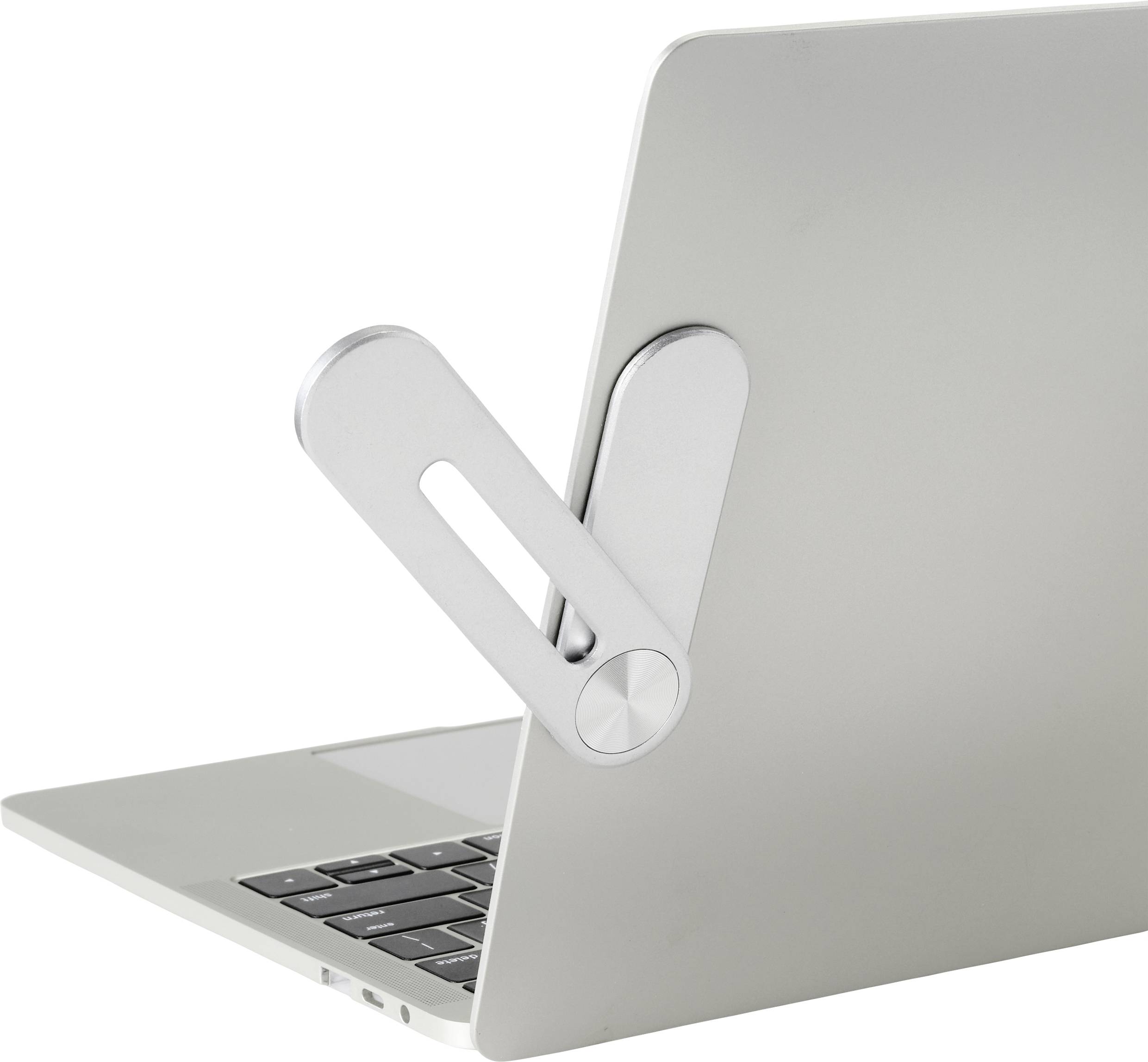 A silver laptop with a hinge that holds the screen open at an angle.