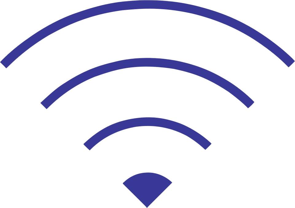 Symbol for a Wi-Fi signal with three curved lines over a dot representing a wireless internet connection.