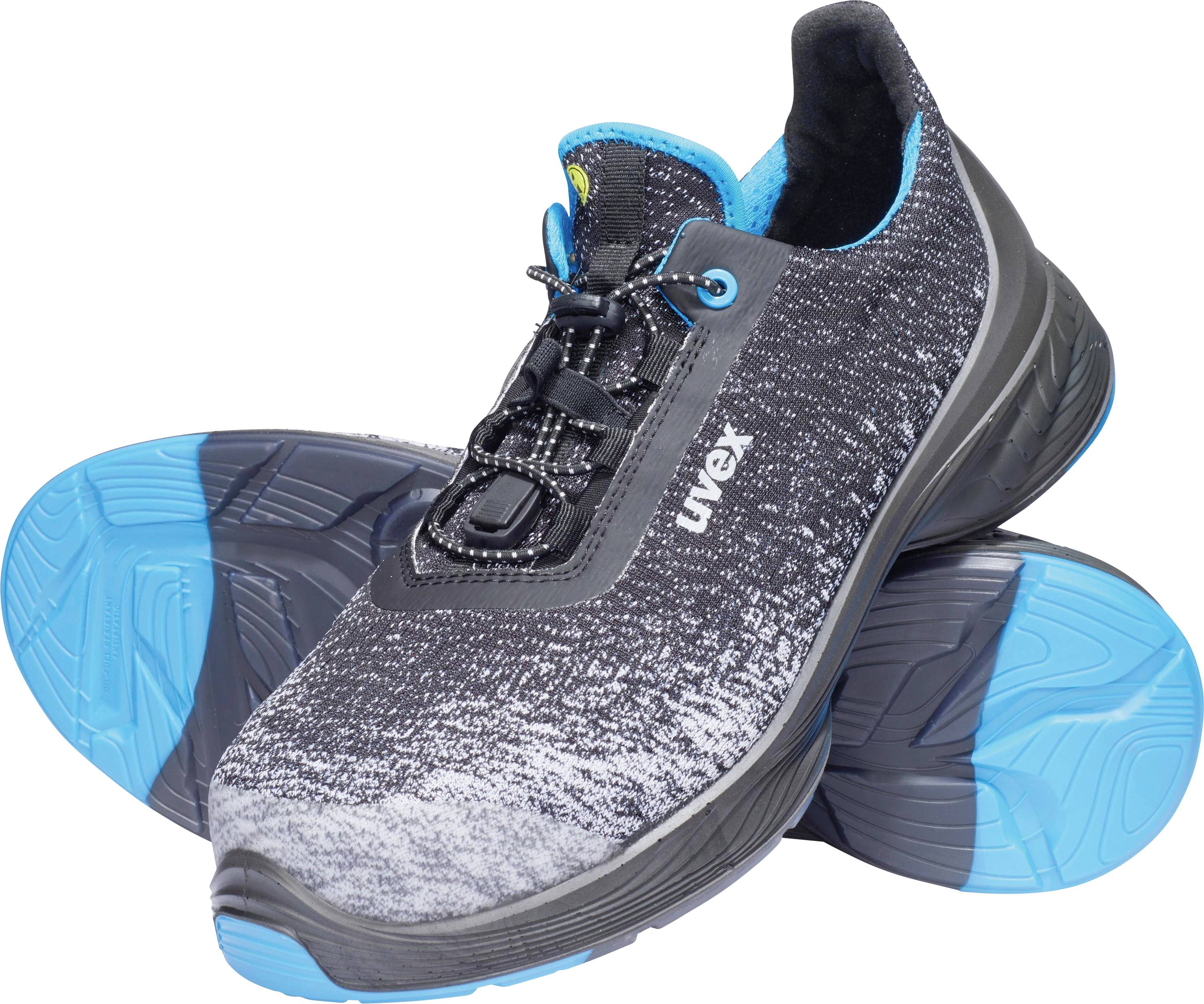 Two modern safety shoes with a black and grey pattern, blue soles, and laces. Shoe type: Comfortable and hard-wearing.