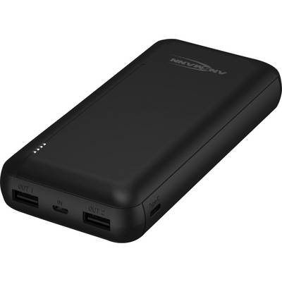 Black power bank with two USB outputs, a Type-C port and a battery status indicator with four dots on the top surface.