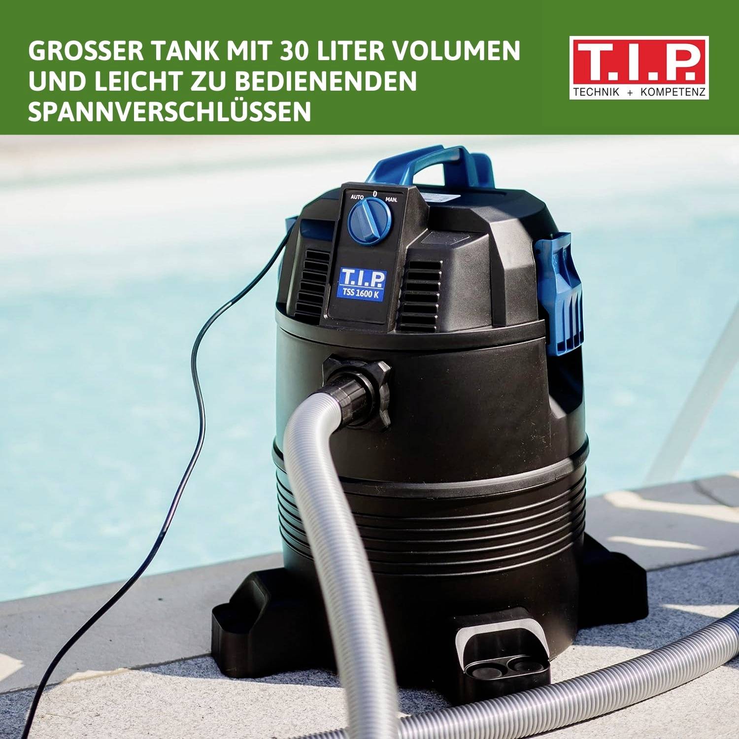 A vacuum cleaner on a terrace. At the top it reads: 'Large tank with 30-litre volume and easily operated quick-release fasteners'.