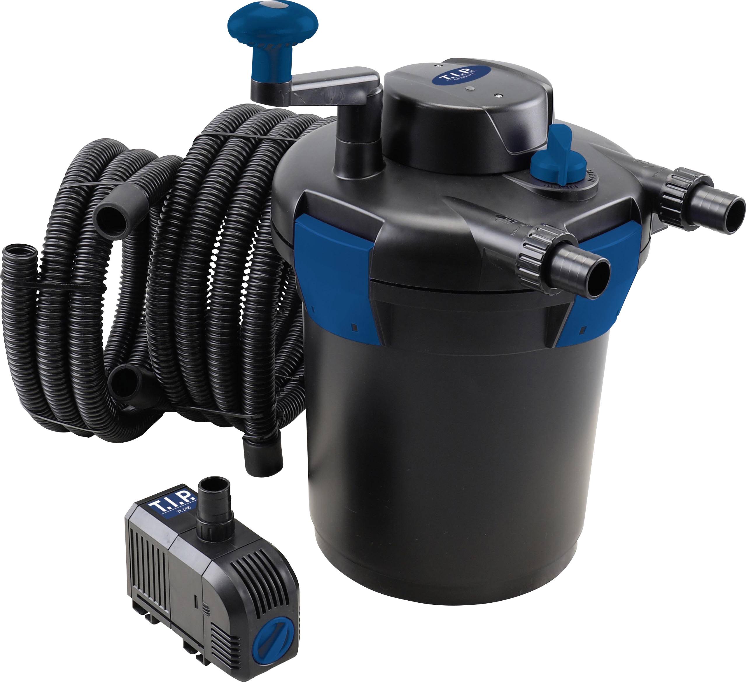 A filter device with multiple tubes and a pump attachment. It is used for water purification in ponds or aquariums.