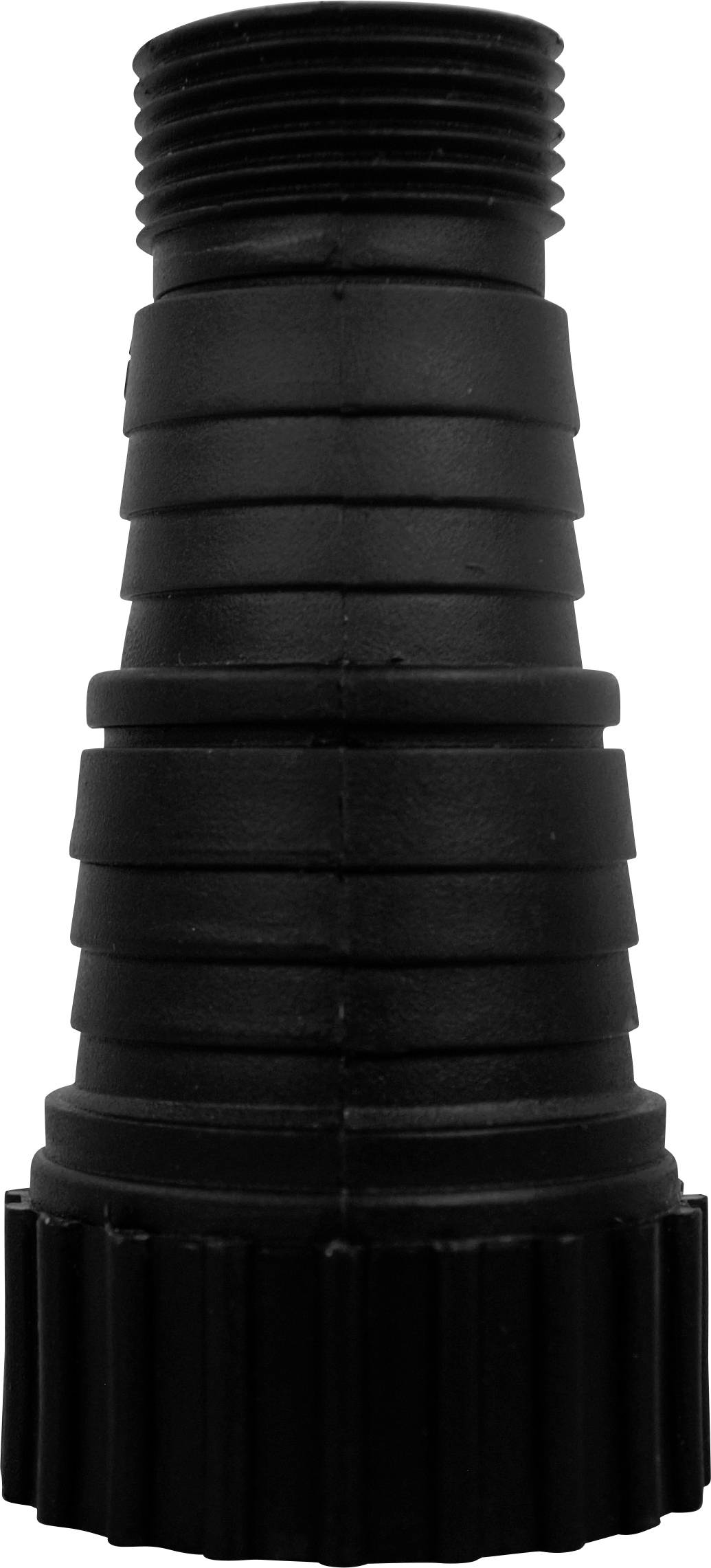 'Black stepped plastic hose nozzle adapter, tapered in shape and with threaded screw fitting, suitable for use in garden hoses.'