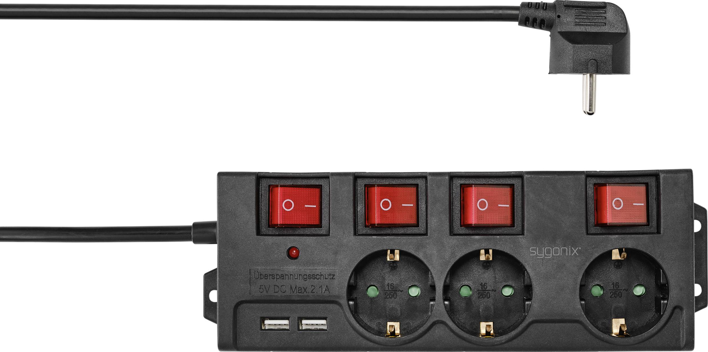 Four-way power strip with individual switches, plug sockets and two USB ports. Cable with angled plug. Perfect for office use.