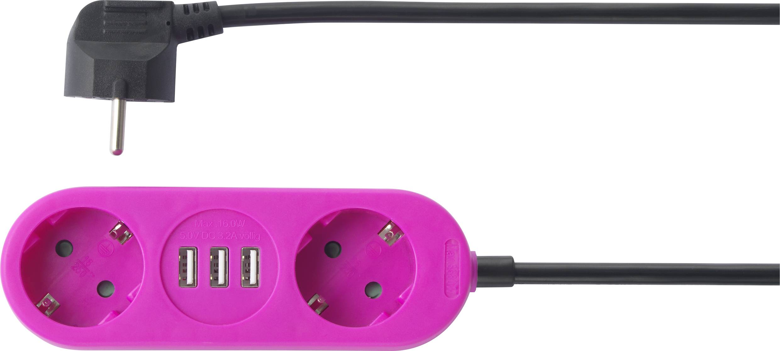 A pink power strip with three outlets, including two standard sockets and three USB ports, connected to a black power cable.