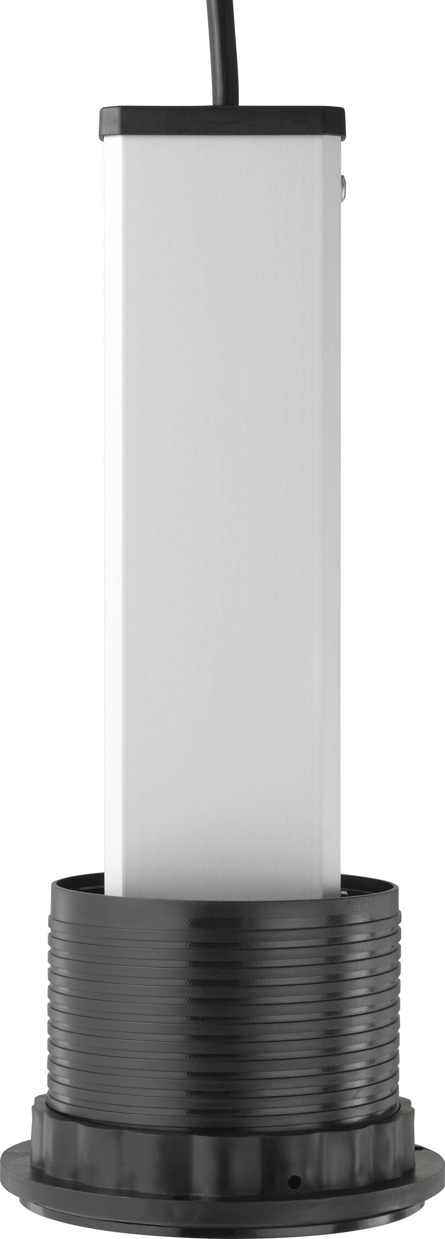 A vertical, cylindrical tank with a black base and silver casing. A cable protrudes from the top.