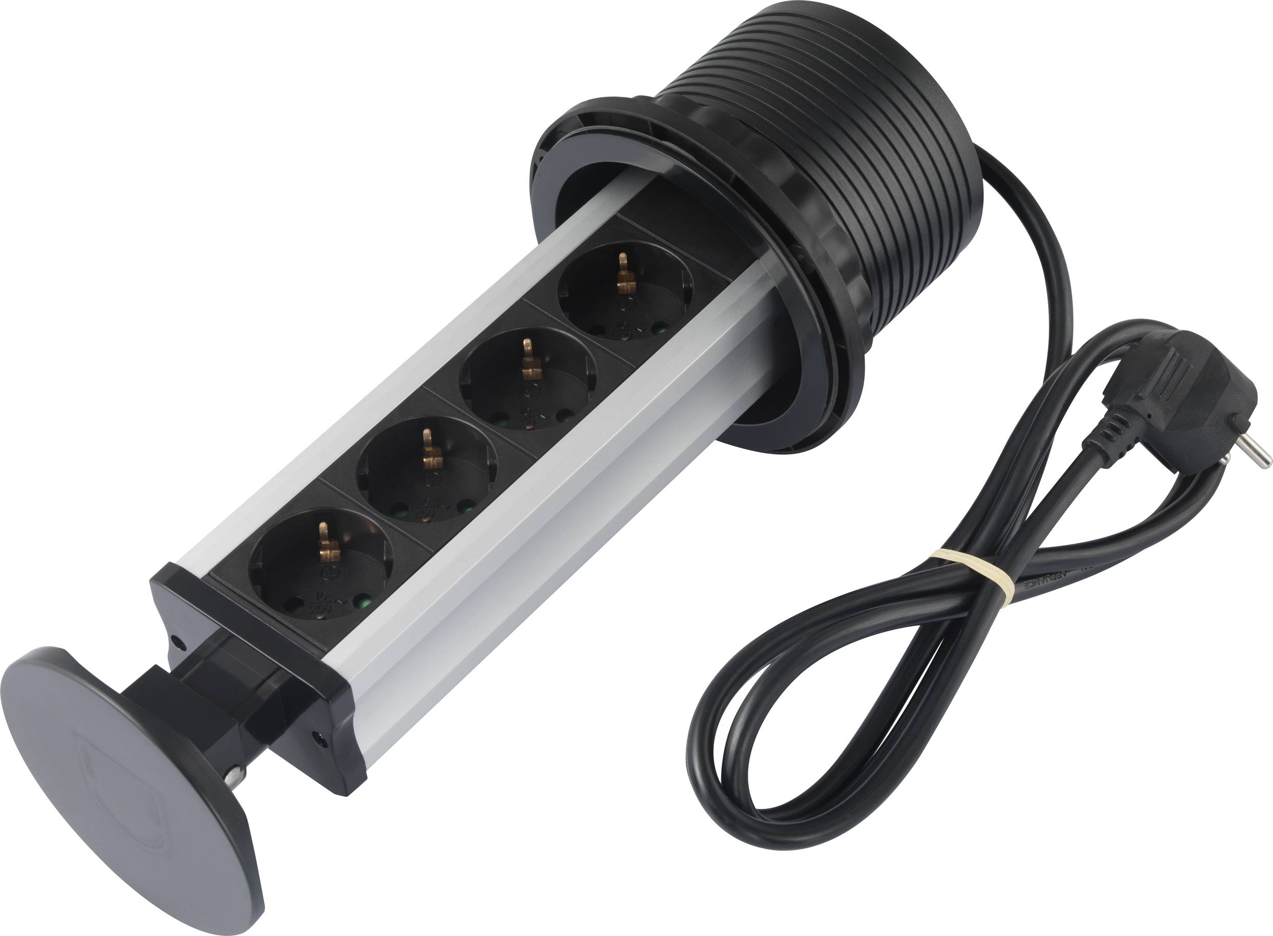 A retractable power strip with four socket outlets and a power cable, ideal for flexible electrical connections in work areas.